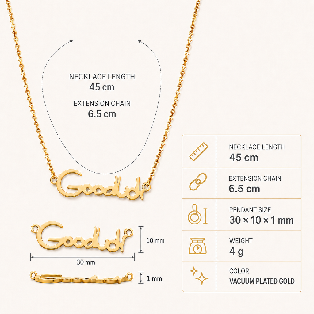 Gold Goodluck necklace size chart showing 45cm chain with 6.5cm extension, 30x10mm pendant, and 4g weight.