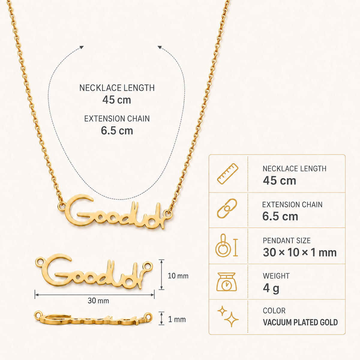 Gold Goodluck necklace size chart showing 45cm chain with 6.5cm extension, 30x10mm pendant, and 4g weight.