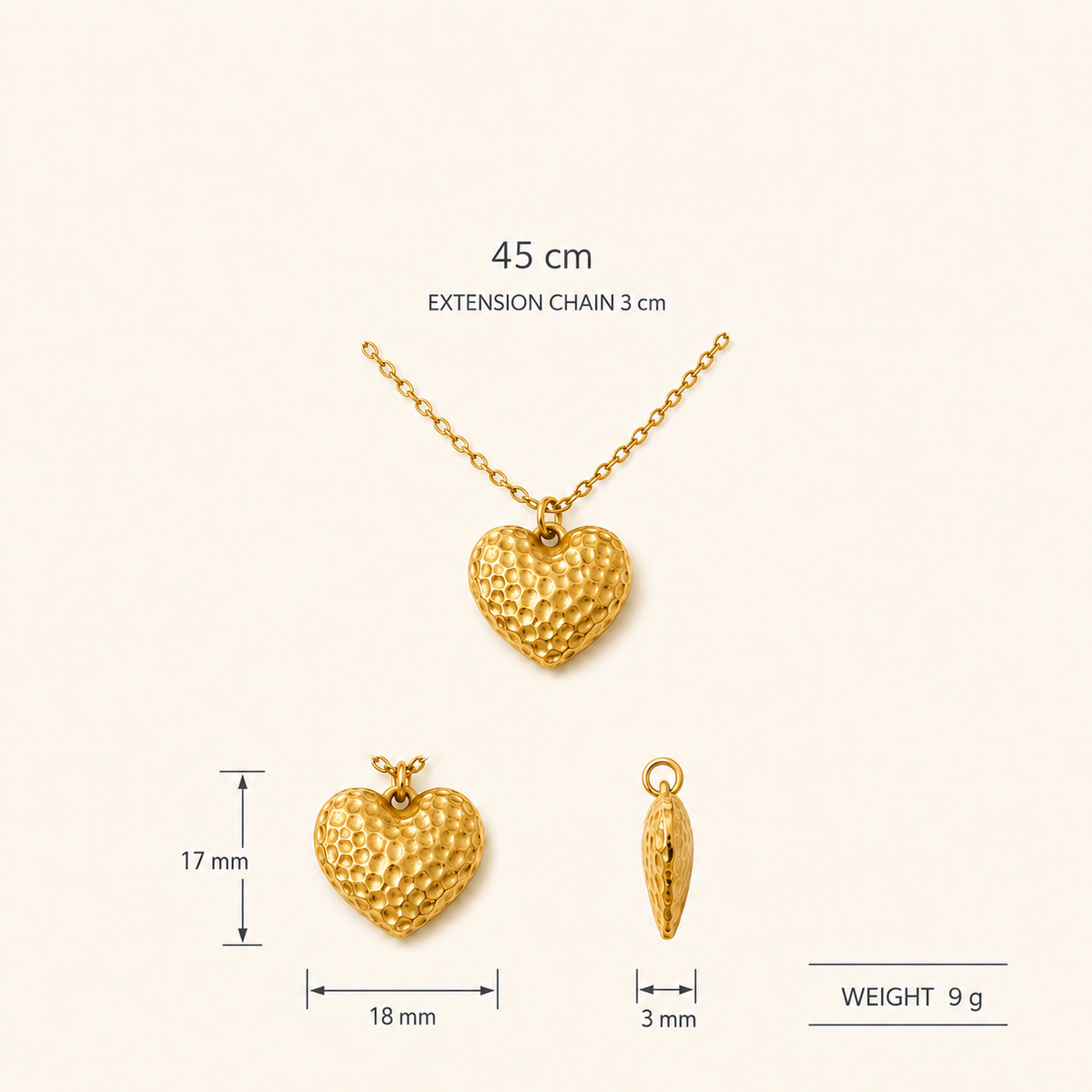 Gold heart pendant necklace size chart showing 45cm chain with 3cm extension, 18x17mm pendant, and 9g weight.
