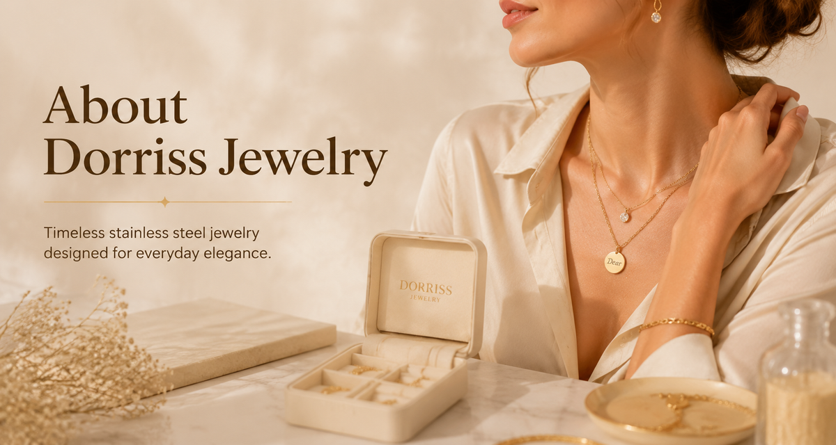 About Dorriss Jewelry — woman wearing gold stainless steel layered necklace and bracelet, timeless jewelry designed for everyday elegance