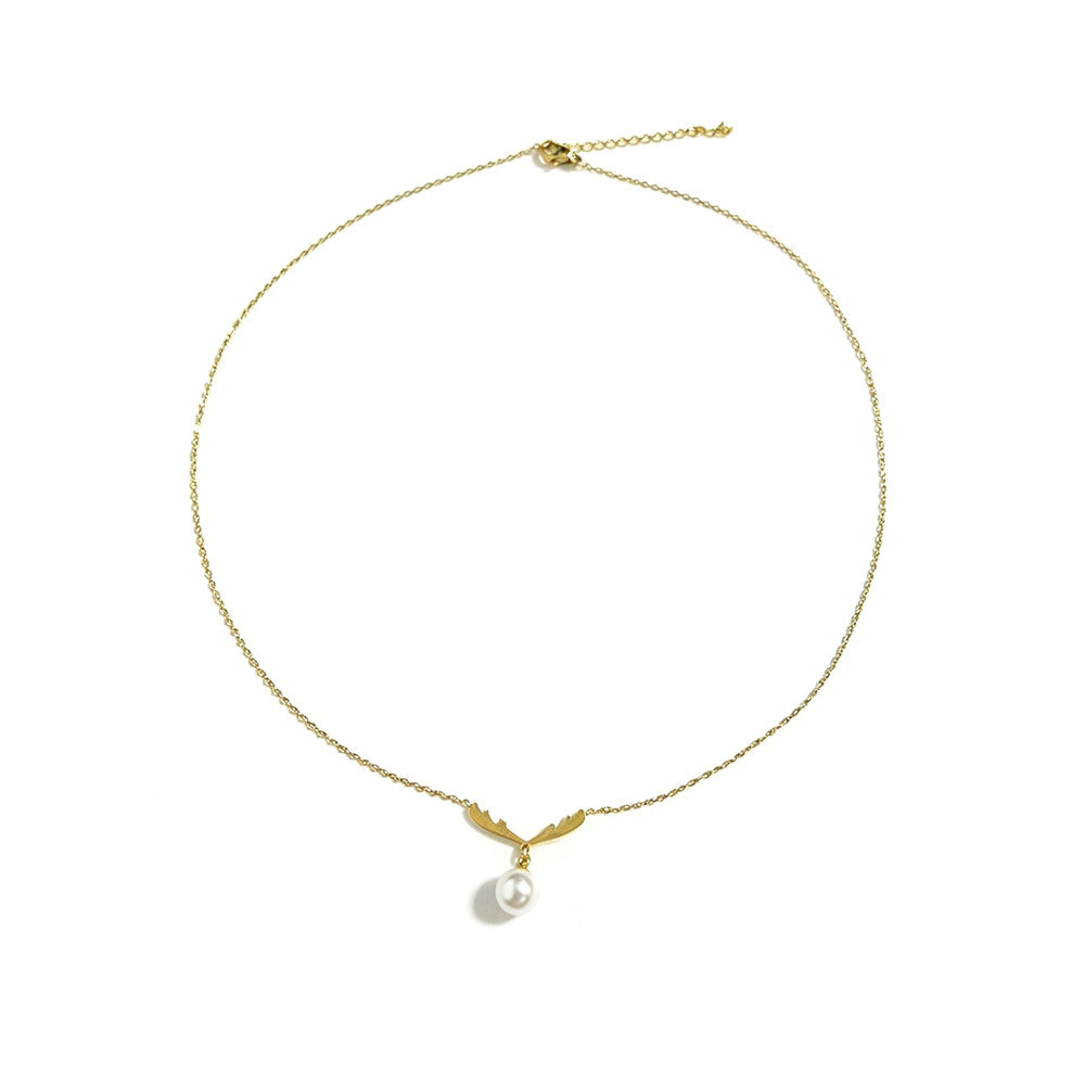 Gold antler pearl pendant necklace full view on white background — complete chain with lobster clasp and extender chain visible
