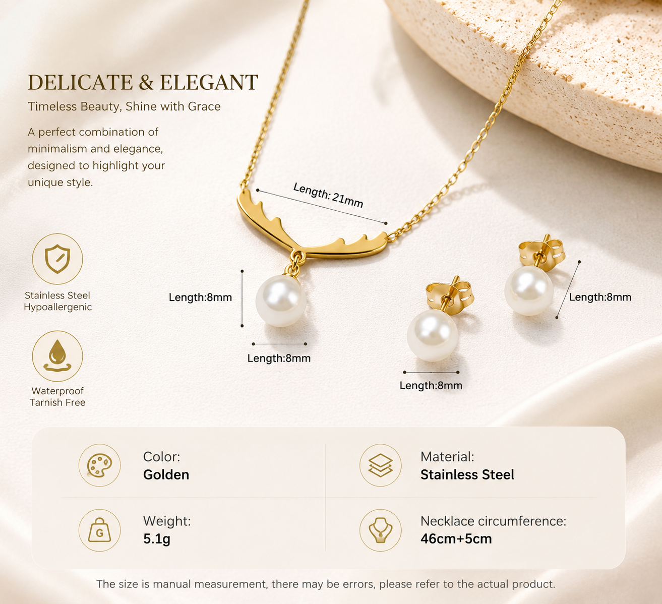 Product spec infographic for antler pearl jewelry set — 21mm antler pendant, 8mm pearl, 5.1g, stainless steel, 46cm+5cm chain, hypoallergenic and waterproof