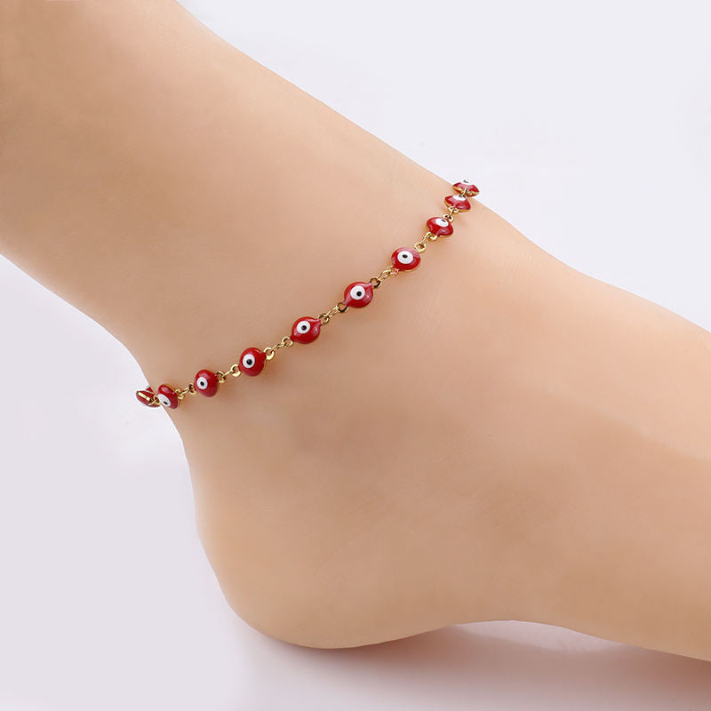 Women Wearing Colorful Demon Eye Anklet Gold Beaded Ankle