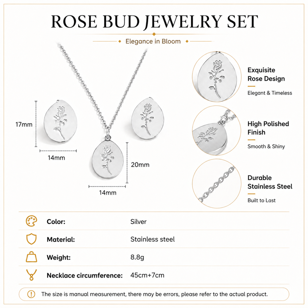 Rose Bud Jewelry Set size chart — silver stainless steel oval rose pendant necklace 20×14mm and earrings 17×14mm, necklace length 45cm+7cm, weight 8.8g, high polished finish