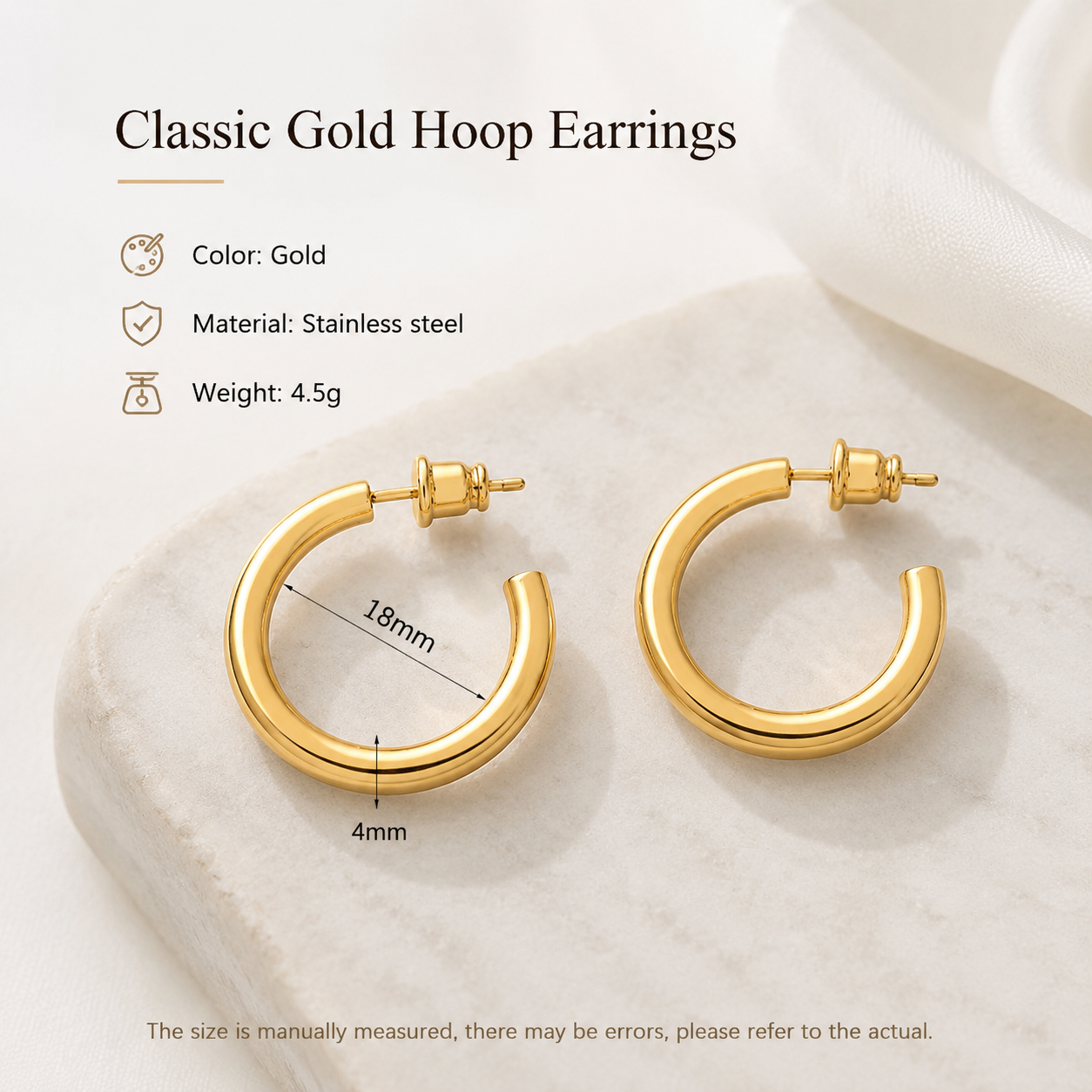 Classic Gold Hoop Earrings size chart showing 18mm diameter and 4mm tube width, stainless steel, 4.5g