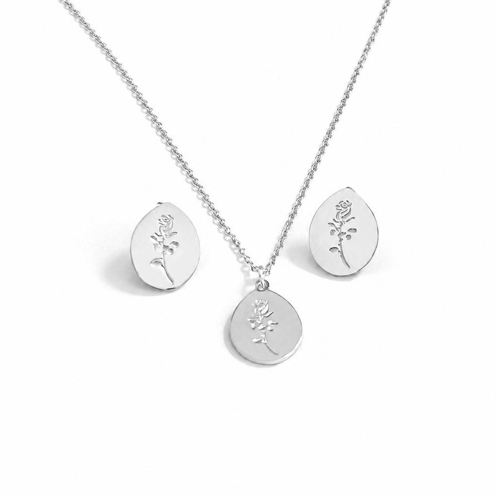 Silver stainless steel engraved rose oval pendant necklace and stud earrings jewelry set — dainty rose flower coin charm, high polished finish, hypoallergenic, perfect gift for women