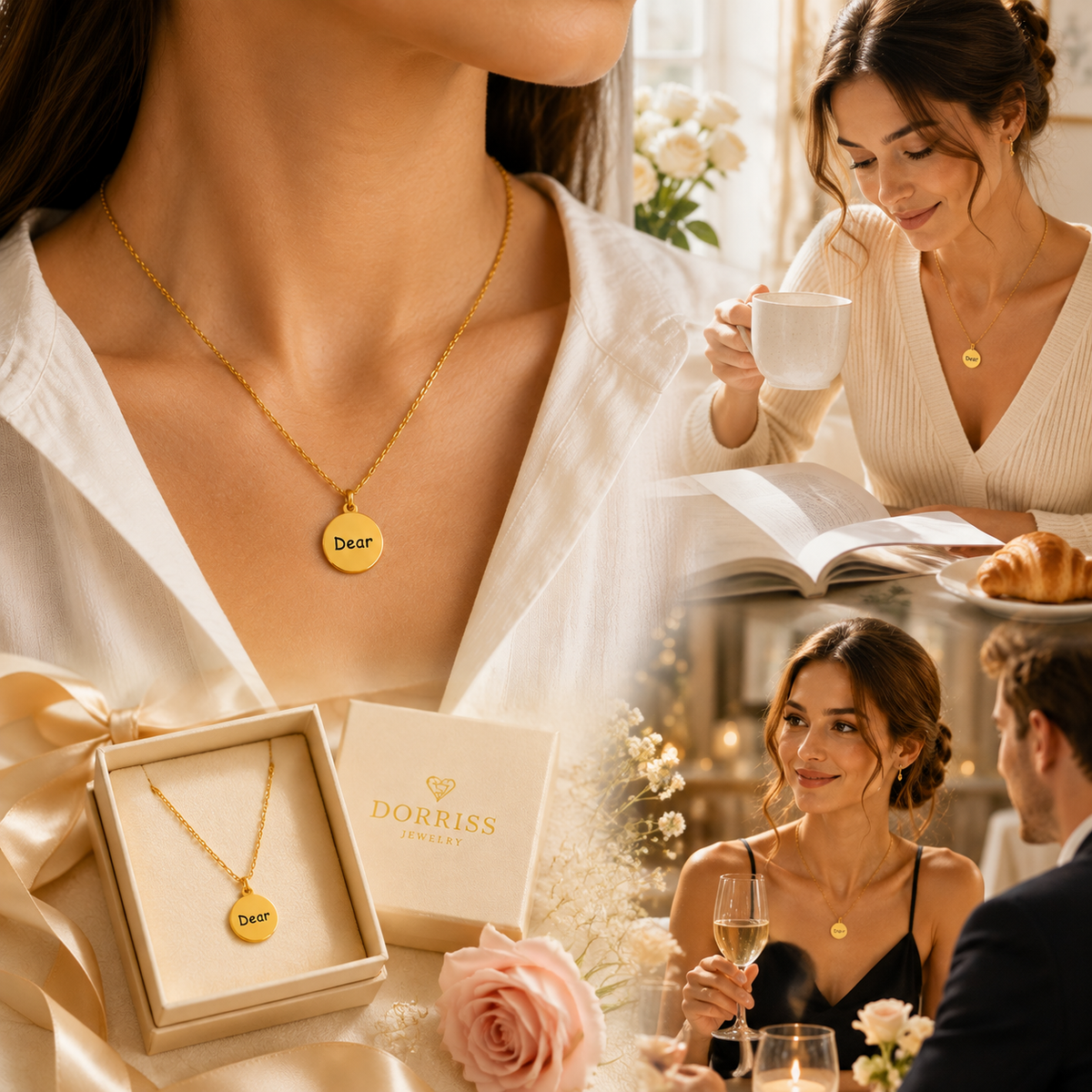 Gold Dear engraved coin necklace in lifestyle scenes: daily wear, reading cafe moments, gifting, and dinner date.