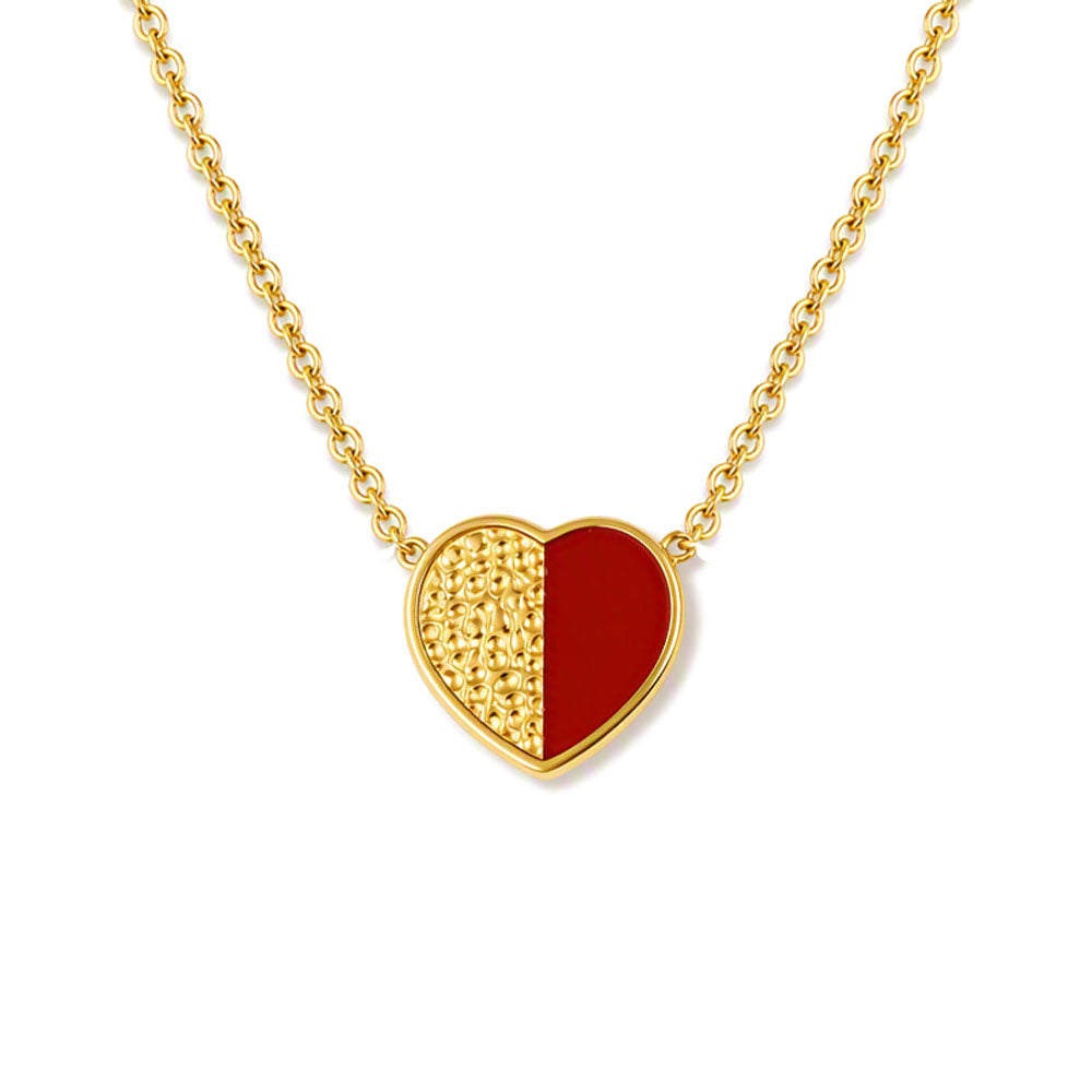 18K gold plated two-tone heart pendant necklace — hammered gold and red enamel split heart charm on stainless steel cable chain, waterproof tarnish-free jewelry for women