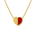 18K gold plated two-tone heart pendant necklace — hammered gold and red enamel split heart charm on stainless steel cable chain, waterproof tarnish-free jewelry for women