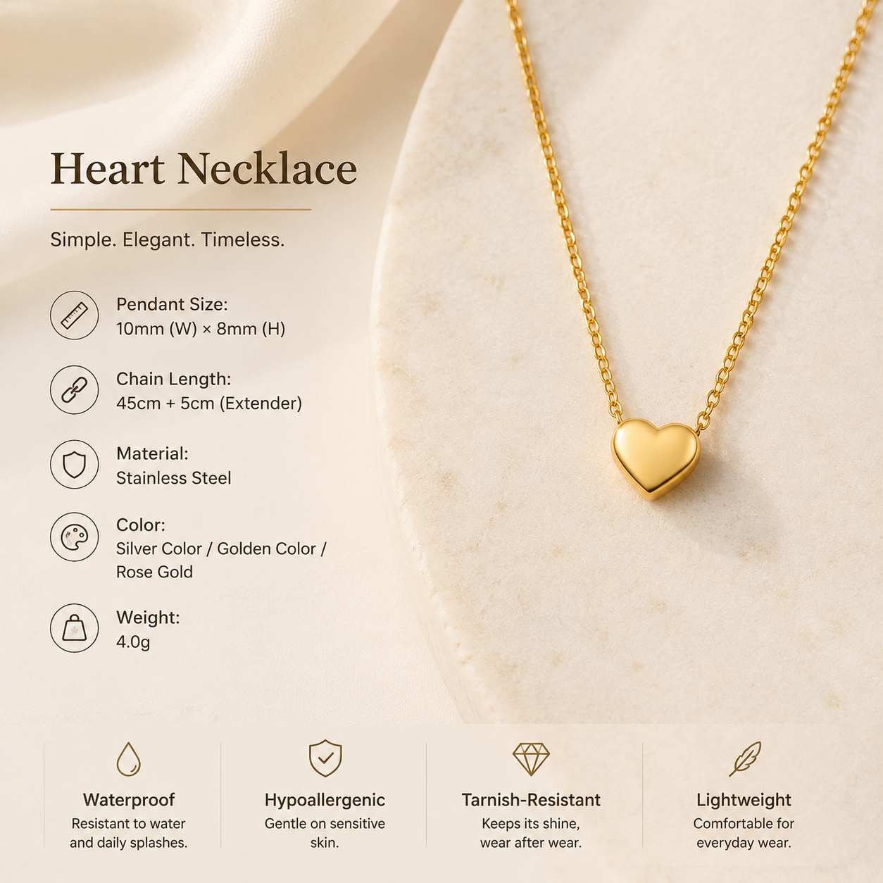 Heart necklace spec infographic showing 10mm pendant, 45cm chain, stainless steel material, waterproof and hypoallergenic icons