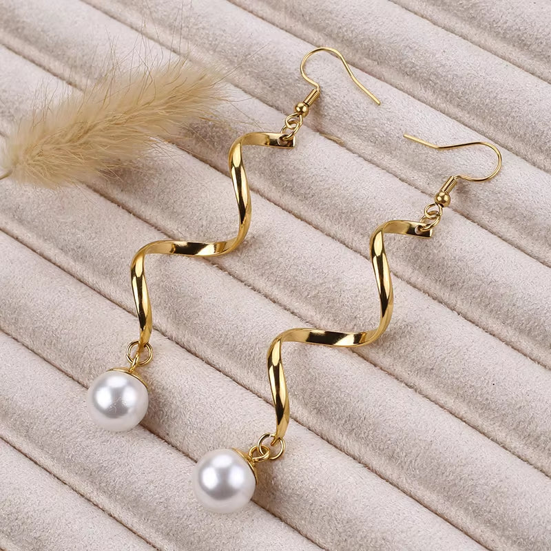 Women Wearing Long Tassel Pearl Earrings Gold Elegant Jewelry
