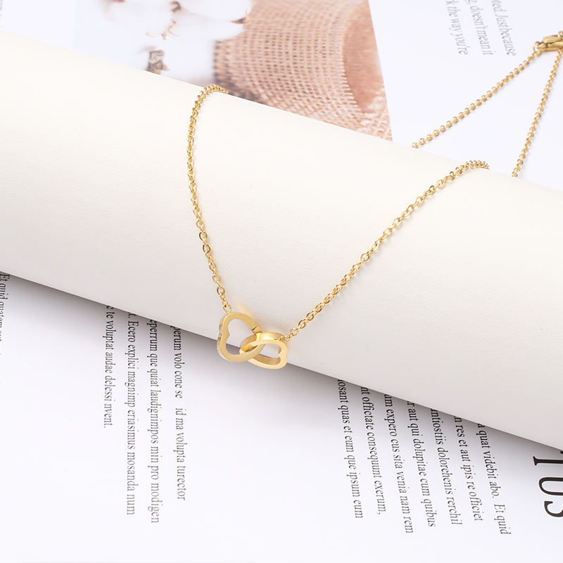 Double Heart Necklace Close Up Detail Gold Stainless Steel