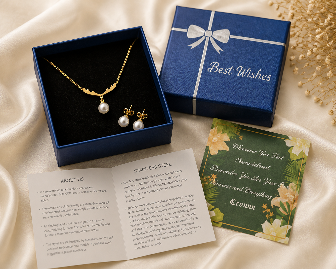 Antler pearl necklace and earrings set in blue Best Wishes gift box with care booklet and floral greeting card on silk fabric