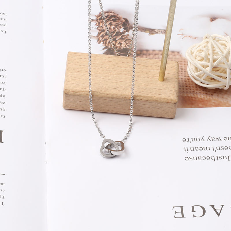 Double Heart Necklace Silver Close Up Detail Stainless Steel Pendant
