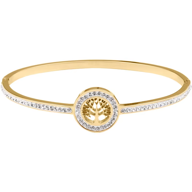 Zircon Tree of Life Bangle Gold PVD Plated Stainless Steel