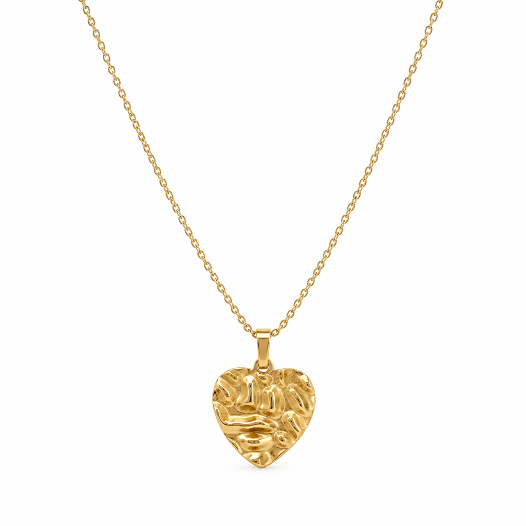 Gold heart necklace with a textured molten pendant on a delicate tarnish-free stainless steel cable chain.