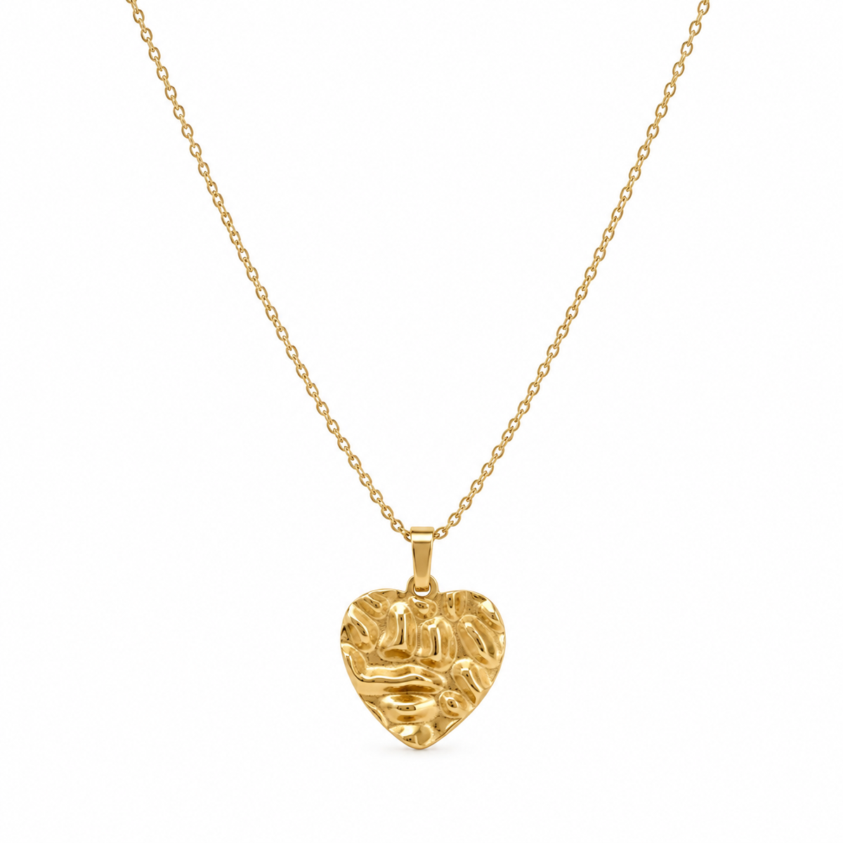 Gold heart necklace with a textured molten pendant on a delicate tarnish-free stainless steel cable chain.