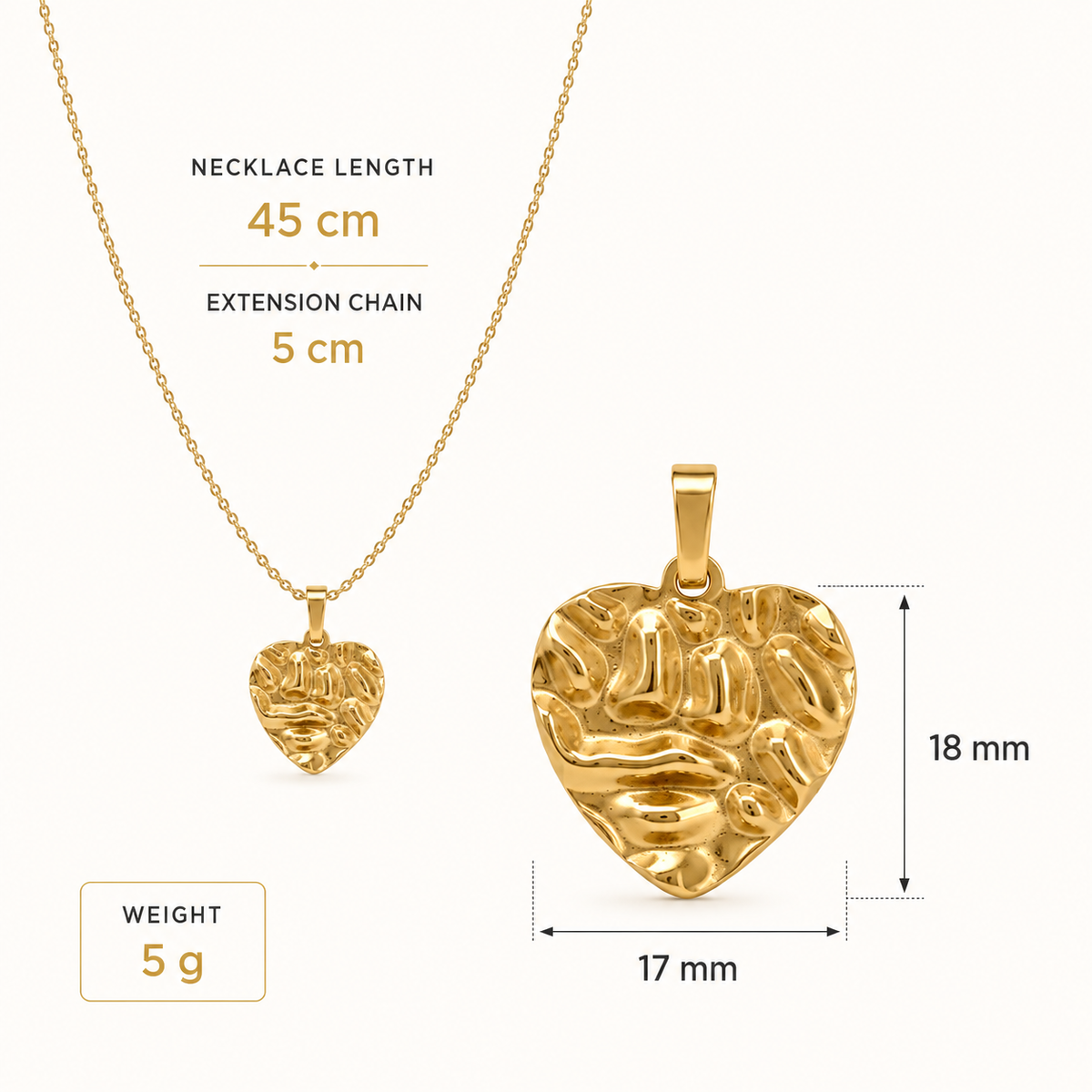 Gold heart necklace size chart showing 45cm chain with 5cm extension, 18x17mm textured pendant, and 5g weight.
