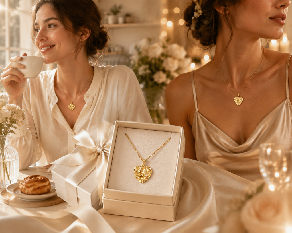Gold heart necklace for women jewelry gift, shown in an open gift box and worn in elegant lifestyle settings.