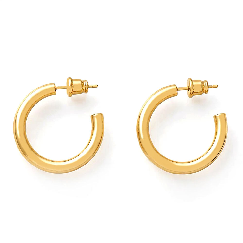 Pair of 18K gold chunky hoop earrings on white background, stainless steel with snap-back closure
