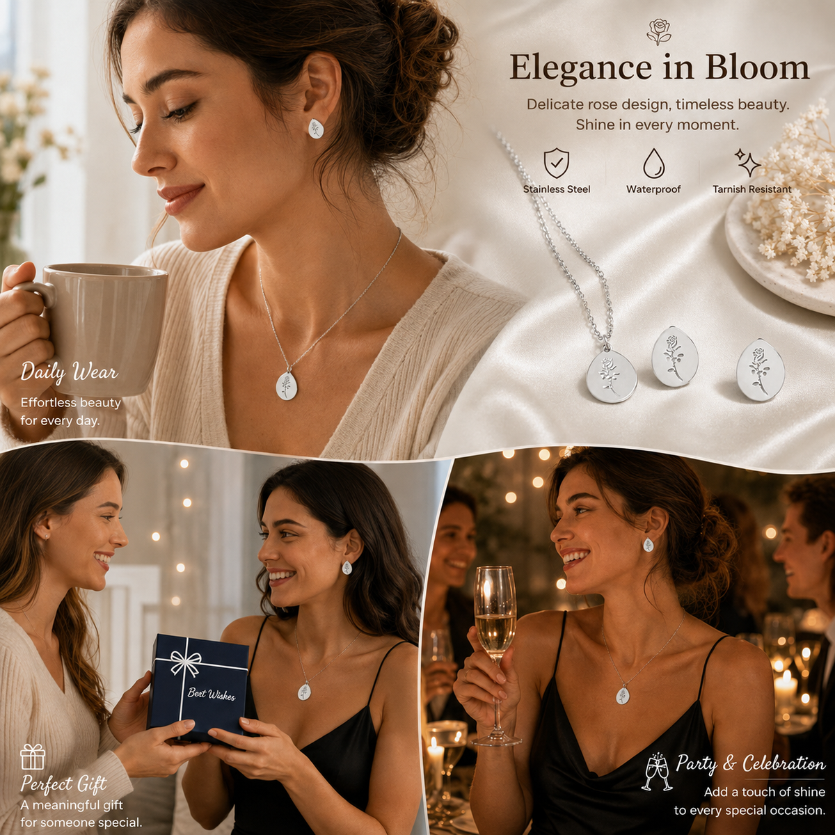 Elegance in Bloom silver rose jewelry set for multi-occasion — daily wear, perfect gift, and party celebration. Stainless steel, waterproof, tarnish-resistant necklace and earrings for women