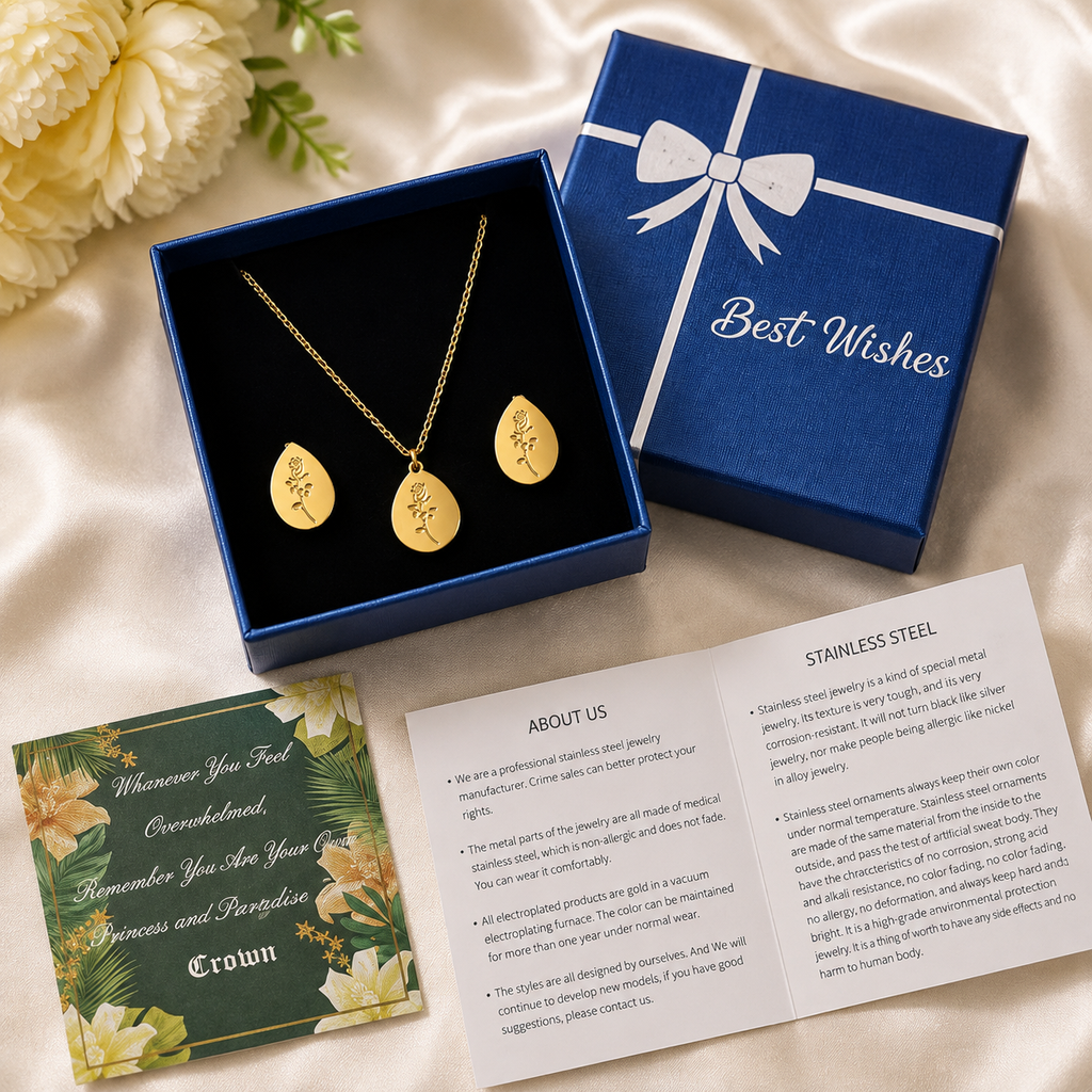 Romantic Stainless Steel Gold PVD Plated Necklace Earrings Jewelry Set