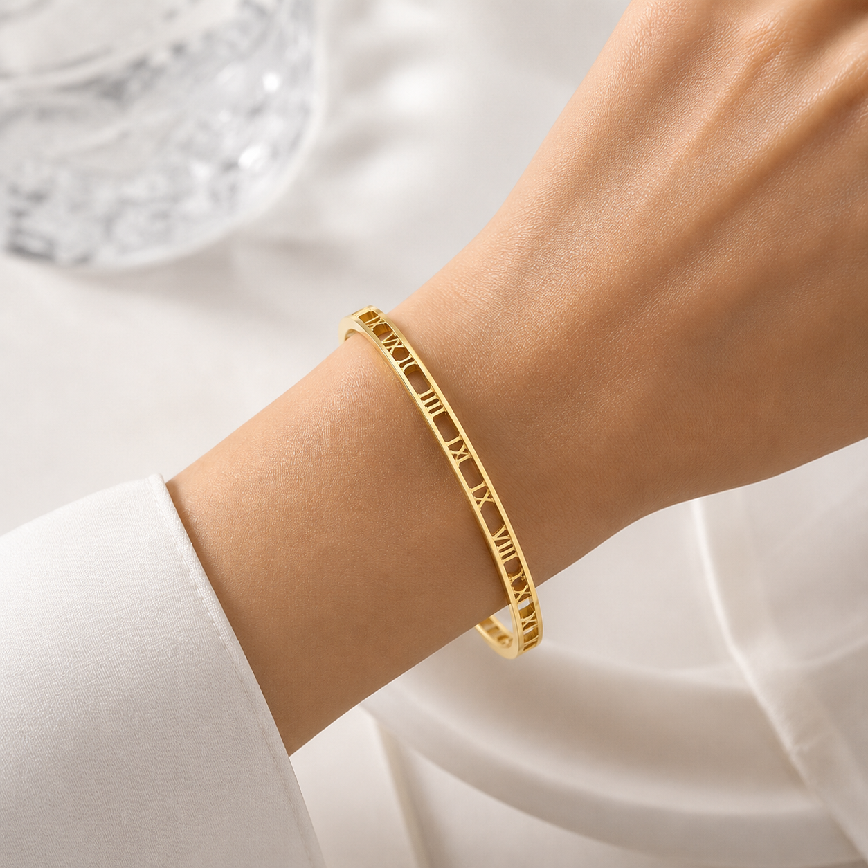 Women Wearing Hollow Out Roman Numeral Bangle Minimalist Jewelry