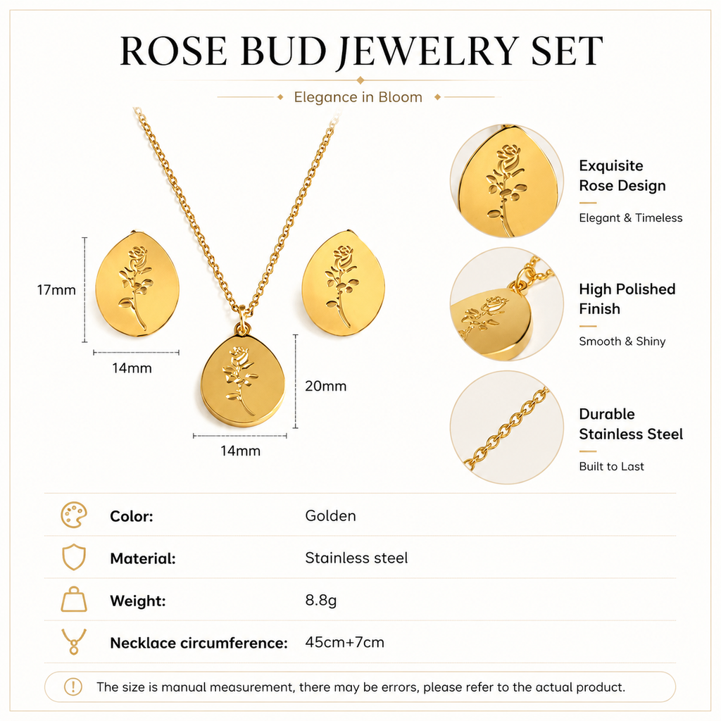 Romantic Stainless Steel Gold PVD Plated Necklace Earrings Jewelry Set