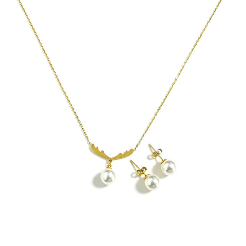 Close-up of gold antler pearl necklace and pearl stud earrings set showing fine chain and pearl detail on white background
