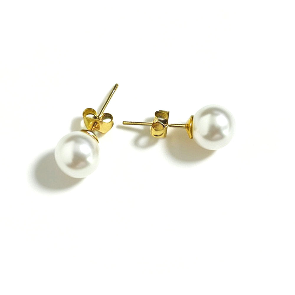 Gold pearl stud earrings close-up on white background — round white pearl with gold butterfly back, showing front and back view