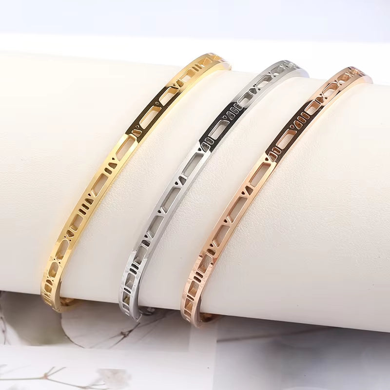 Hollow Out Roman Numeral Bangle Close Up Detail Stainless Steel