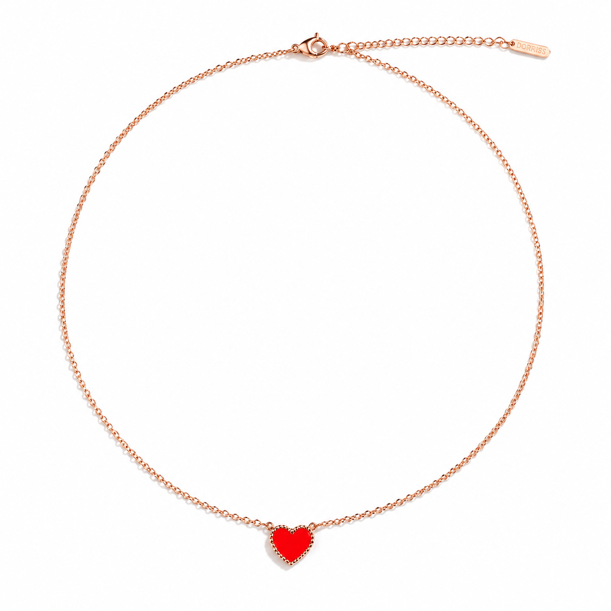 Dorriss red enamel heart necklace full view on white background, rose gold stainless steel cable chain with lobster clasp