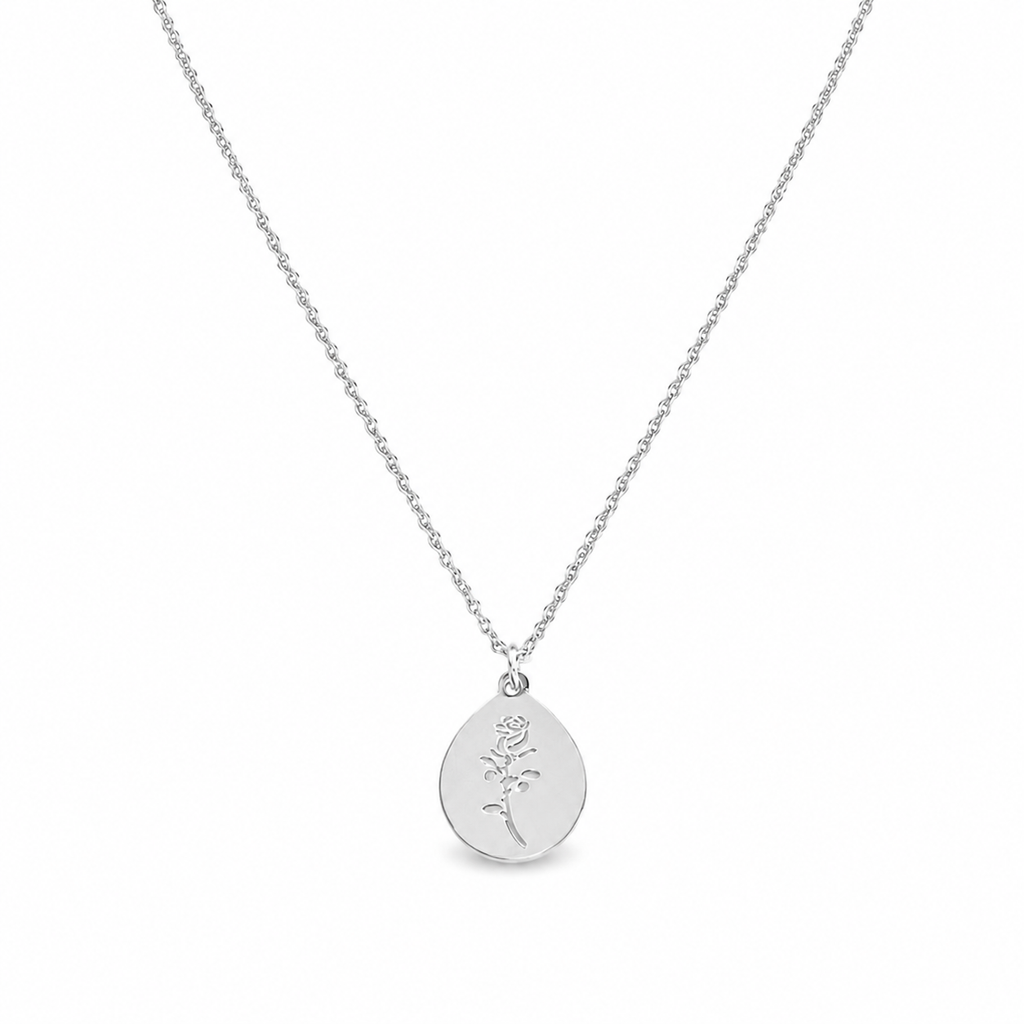 Silver stainless steel rose engraved oval pendant necklace — dainty rose flower coin charm on delicate cable chain, waterproof tarnish-resistant jewelry for women