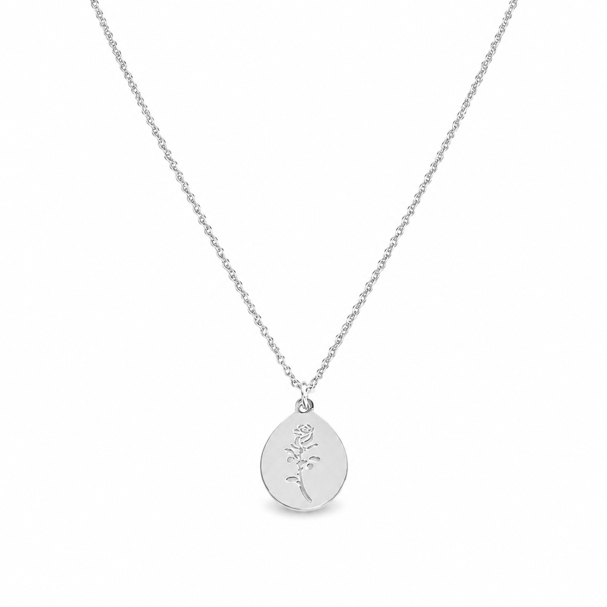 Silver stainless steel rose engraved oval pendant necklace — dainty rose flower coin charm on delicate cable chain, waterproof tarnish-resistant jewelry for women