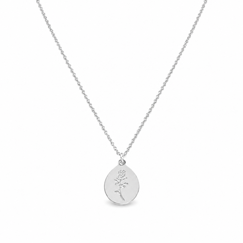 Silver stainless steel rose engraved oval pendant necklace — dainty rose flower coin charm on delicate cable chain, waterproof tarnish-resistant jewelry for women