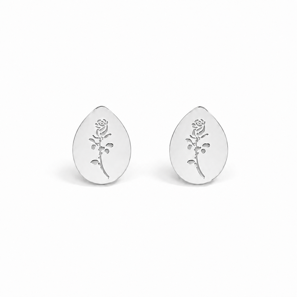 Silver stainless steel rose engraved oval stud earrings — dainty teardrop coin earrings with delicate rose flower embossed design, hypoallergenic, waterproof, tarnish-resistant jewelry for women