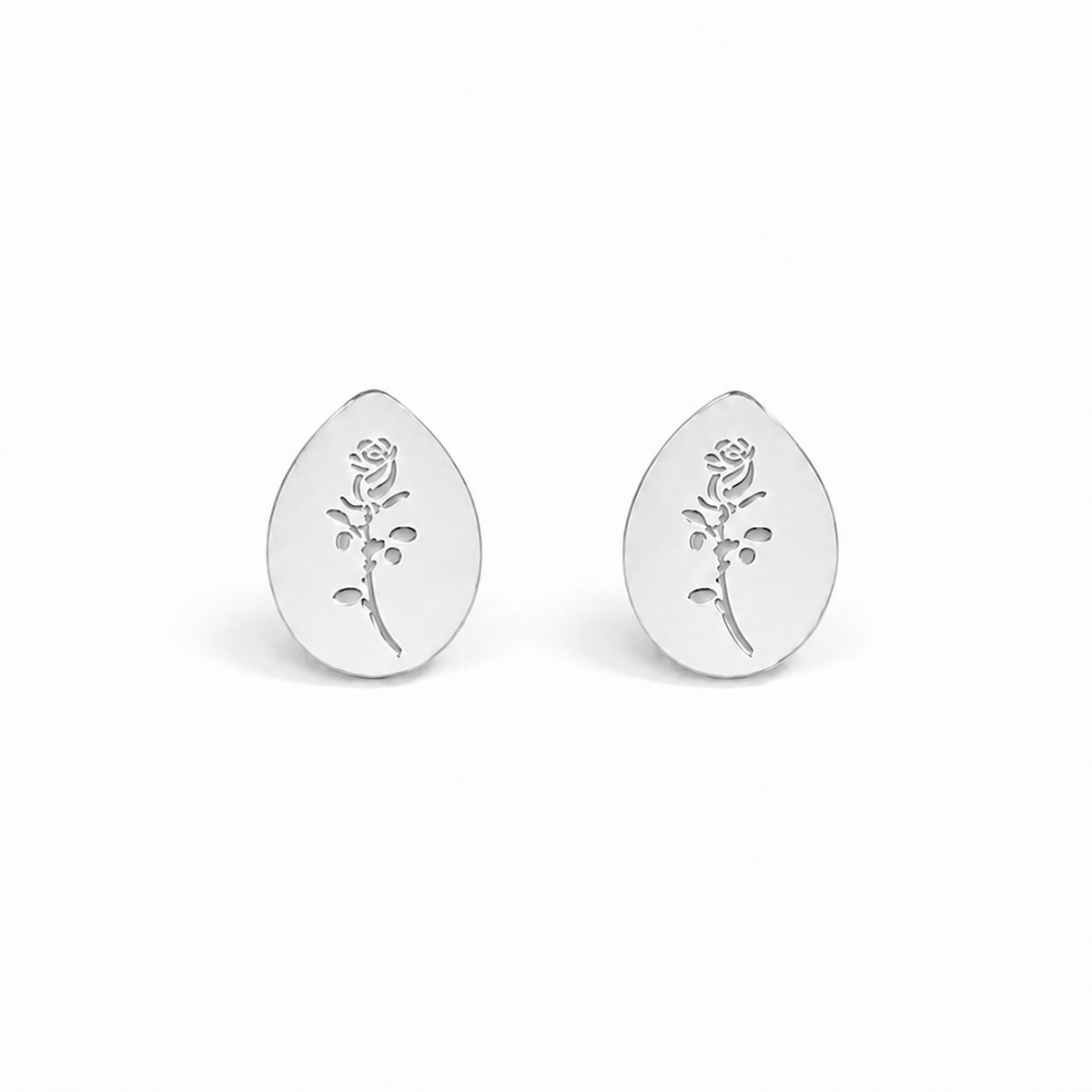 Silver stainless steel rose engraved oval stud earrings — dainty teardrop coin earrings with delicate rose flower embossed design, hypoallergenic, waterproof, tarnish-resistant jewelry for women