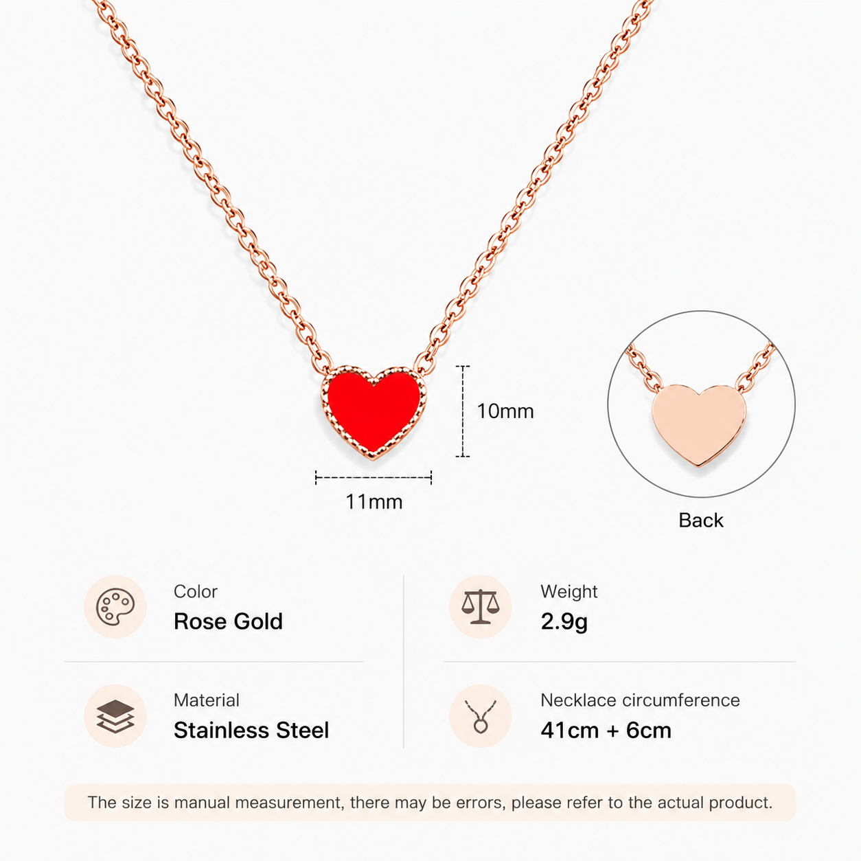 Red enamel heart necklace spec chart showing 11x10mm pendant, rose gold color, 2.9g weight, 41cm plus 6cm chain, stainless steel