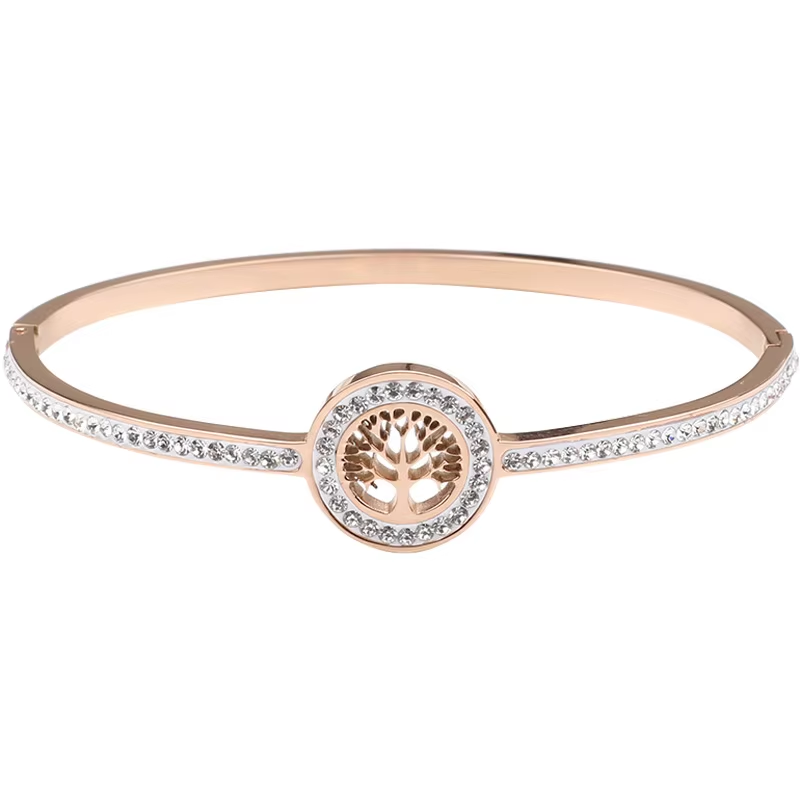 Zircon Tree of Life Bangle Rose Gold PVD Plated Stainless Steel