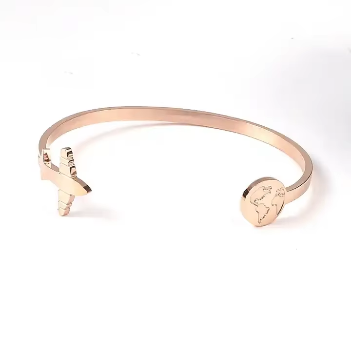 Travel the World Open Cuff Bangle Rose Gold PVD Plated Stainless Steel