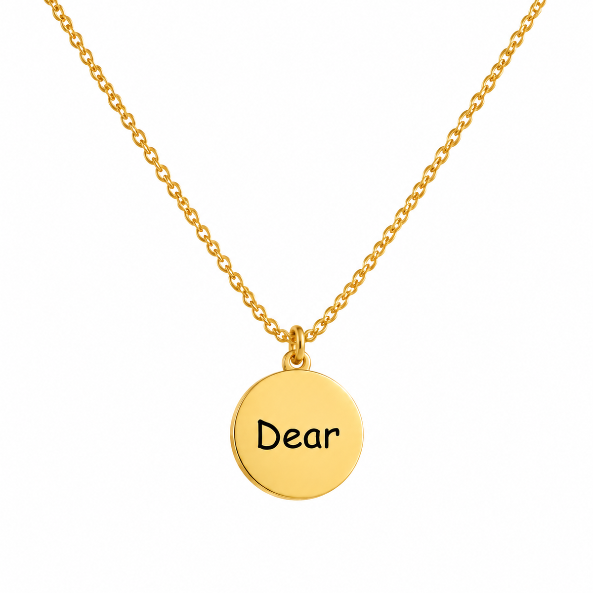 Round engraved necklace with a gold Dear coin pendant on a delicate tarnish-free stainless steel cable chain.