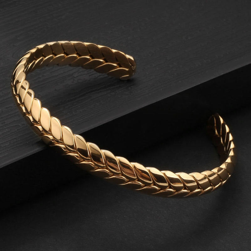 Open Cuff Wheat Bracelet Gold 18K PVD Plated Dark Background
