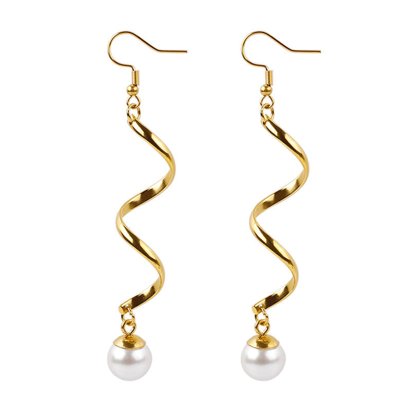Women Long Tassel Pearl Earrings Gold Stainless Steel Simulated Pearl