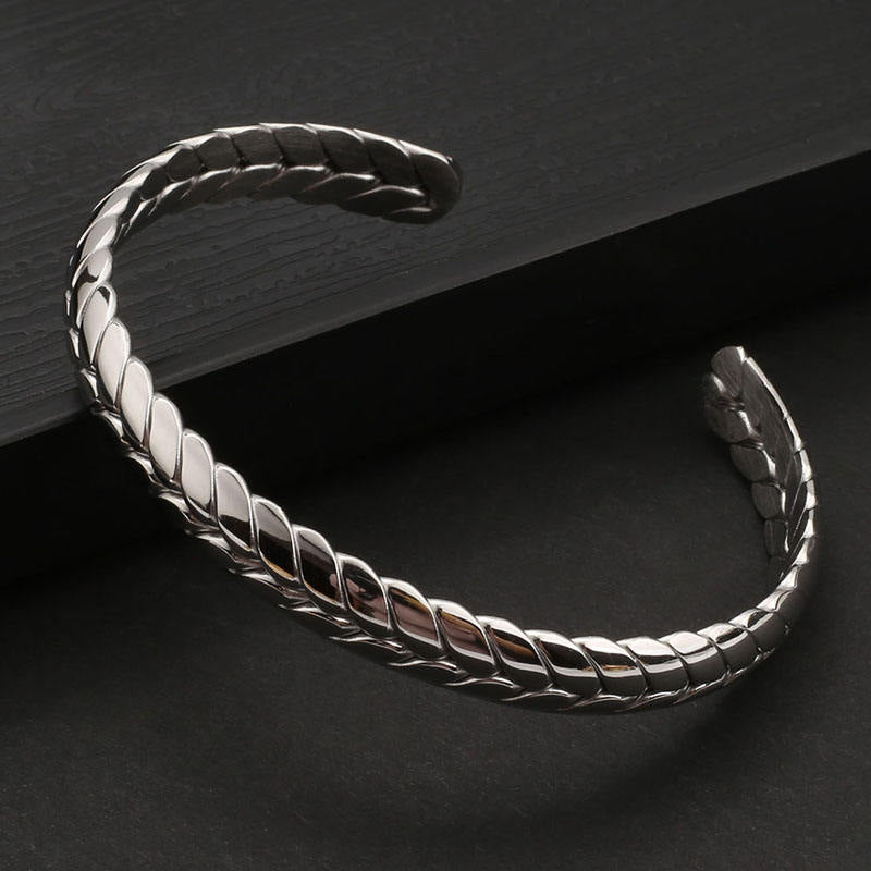 Open Cuff Wheat Bracelet Silver Stainless Steel Dark Background