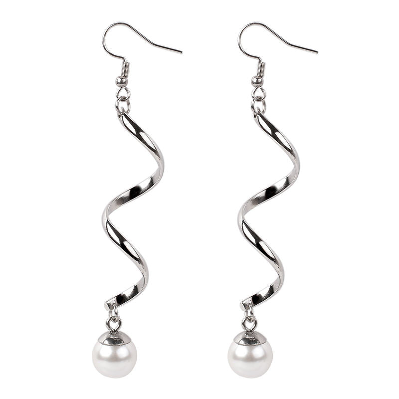 Women Long Tassel Pearl Earrings Silver Stainless Steel Simulated Pearl