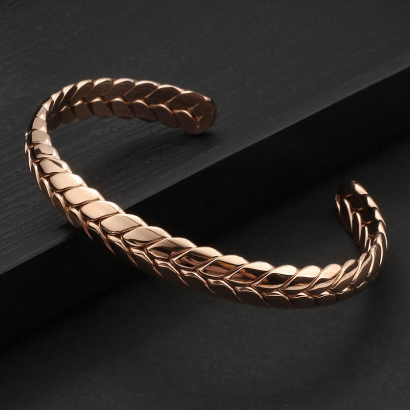 Open Cuff Wheat Bracelet Rose Gold PVD Plated Dark Background