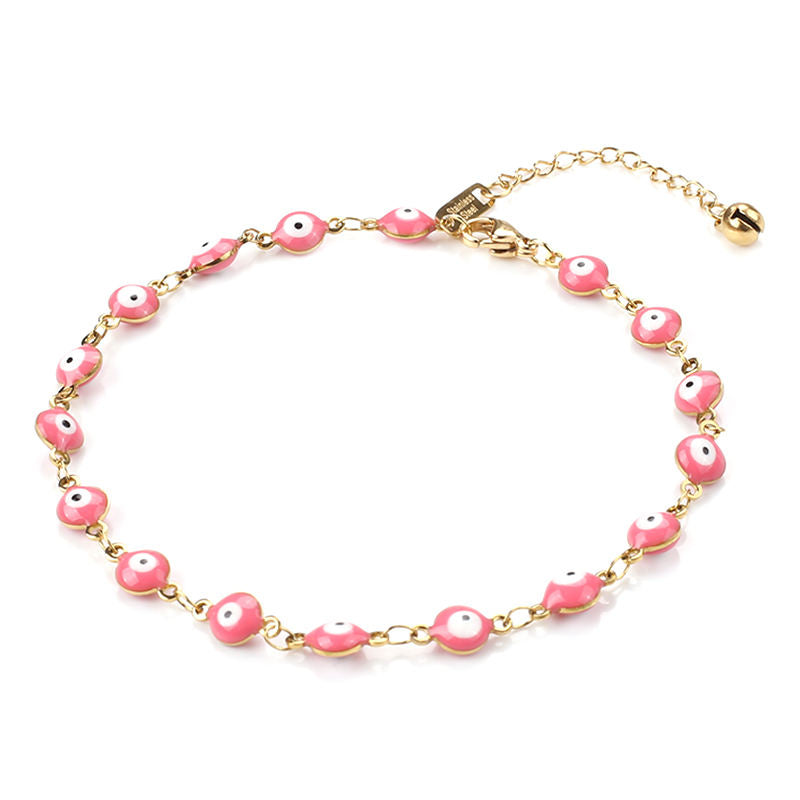 Colorful Demon Eye Anklet Pink Beads Gold Stainless Steel