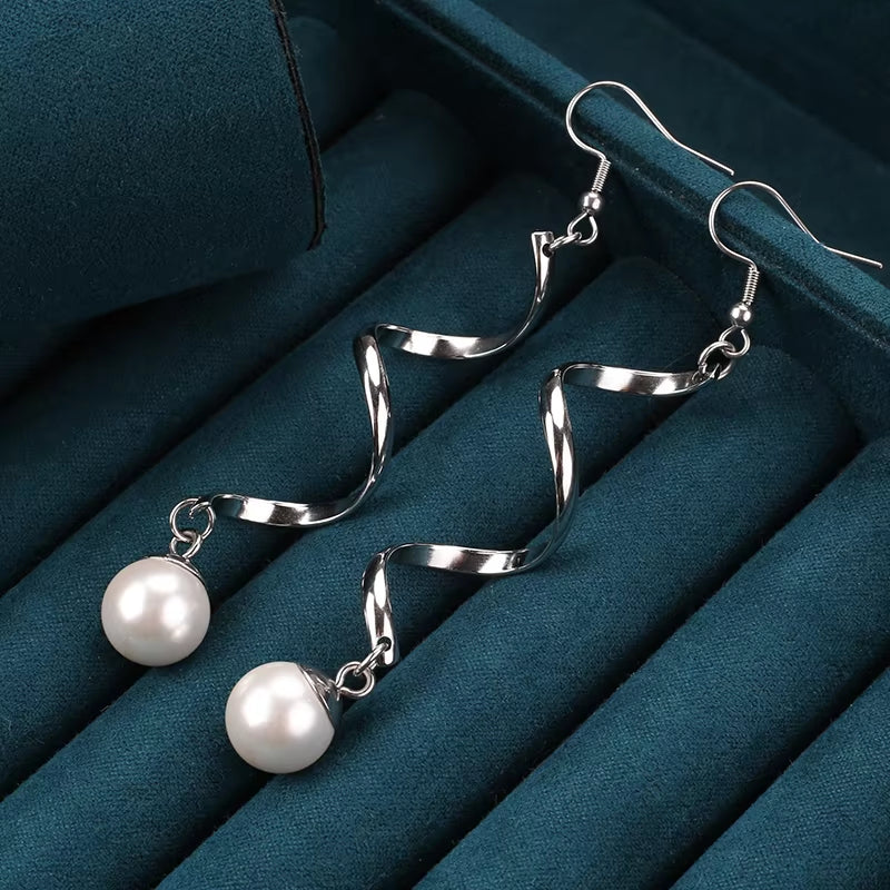 Women Long Tassel Pearl Earrings Close Up Detail Simulated Pearl Drop