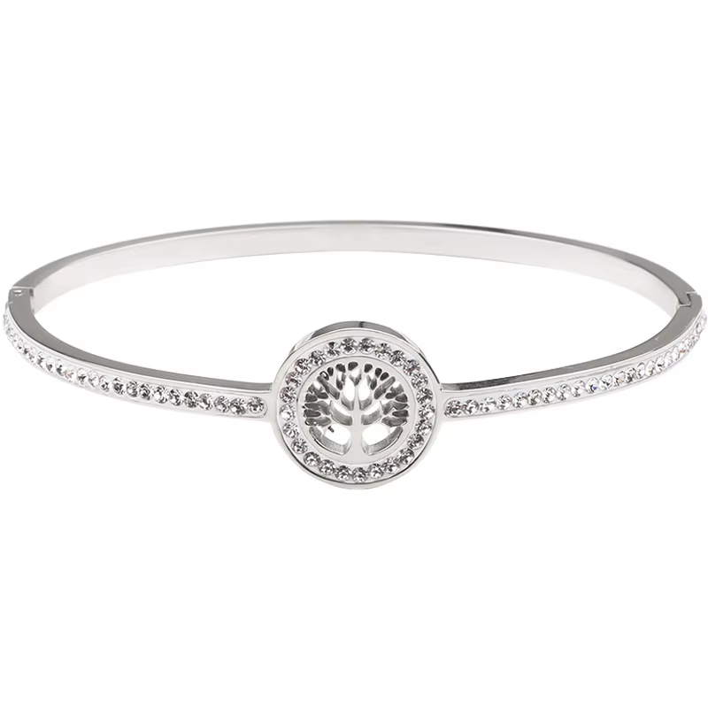 Zircon Tree of Life Bangle Silver Stainless Steel Minimalist