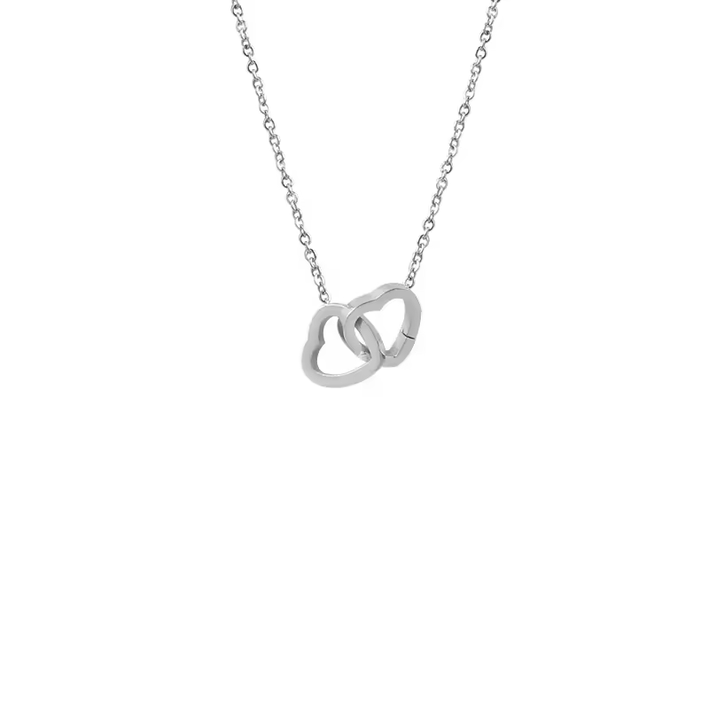 Double Heart Necklace Silver Stainless Steel Minimalist Pendant